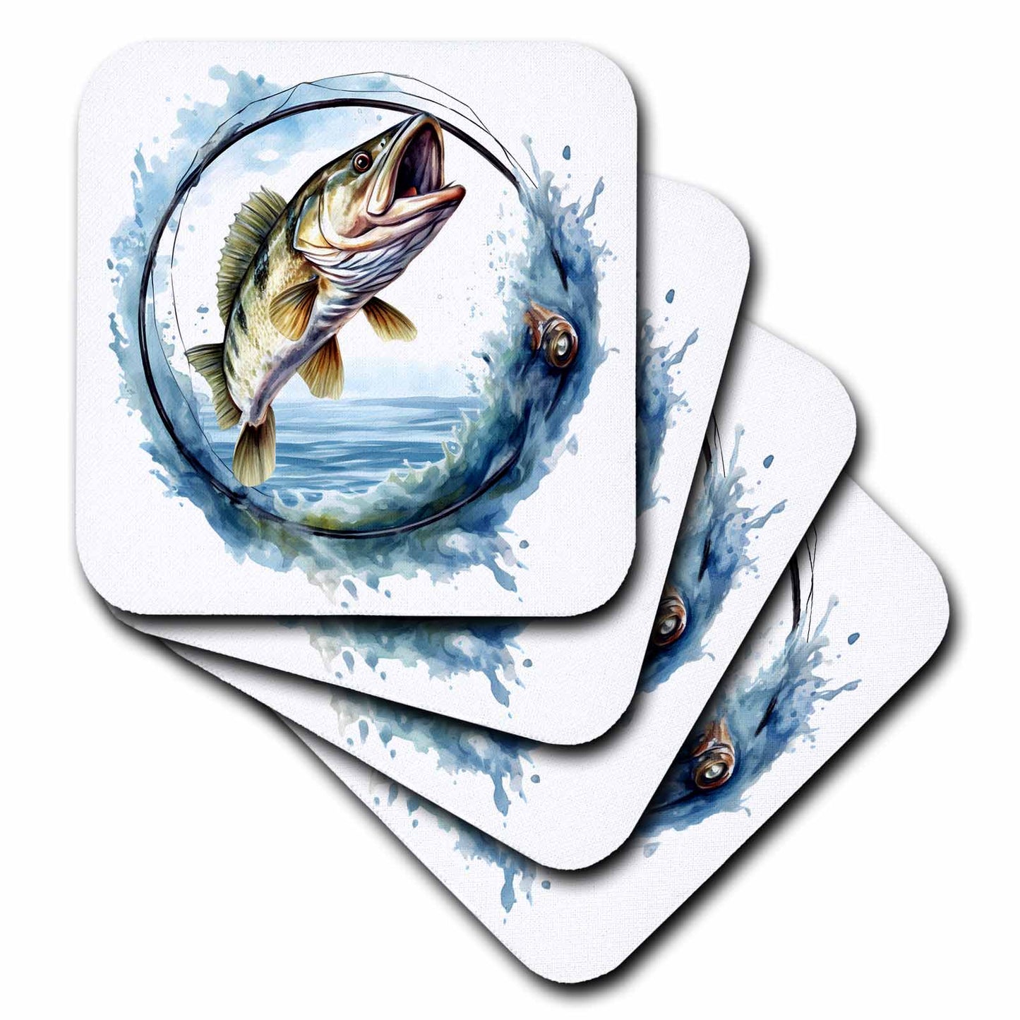 3dRose Bass Fish In A Fishing Reel Circle Illustration - Coasters (cst-383236)
