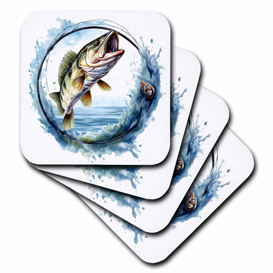 3dRose Bass Fish In A Fishing Reel Circle Illustration - Coasters (cst-383236)